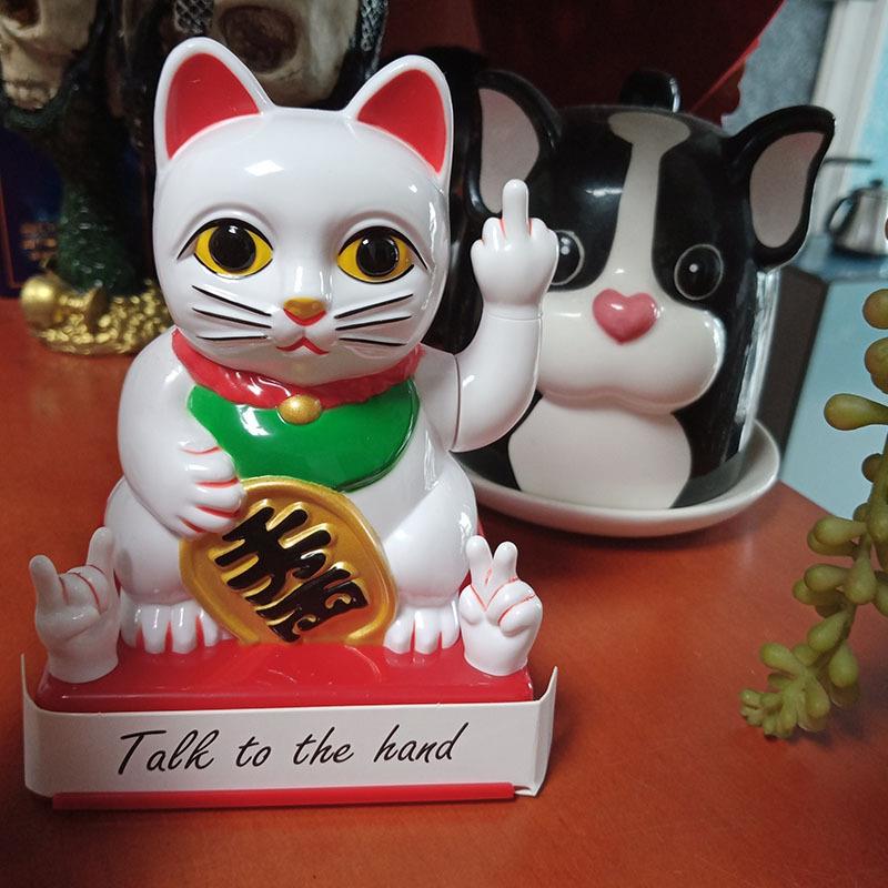 可以换手的竖中指猫招手猫摆件好运猫摇摆招福运猫咪三只五只手