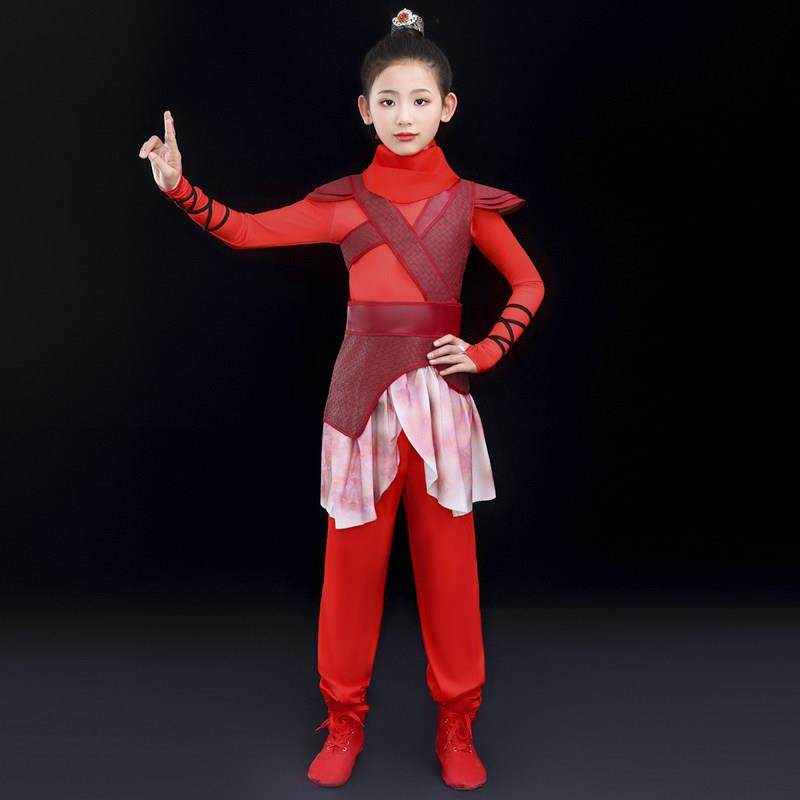 高档表儿童表演服装再现花木兰节日表蹈演服装中鼓国红舞服装演服
