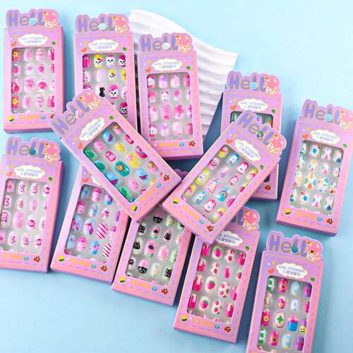 24Pcs/box Kids nails for Girl Cartoon Pattern False Nail Cut