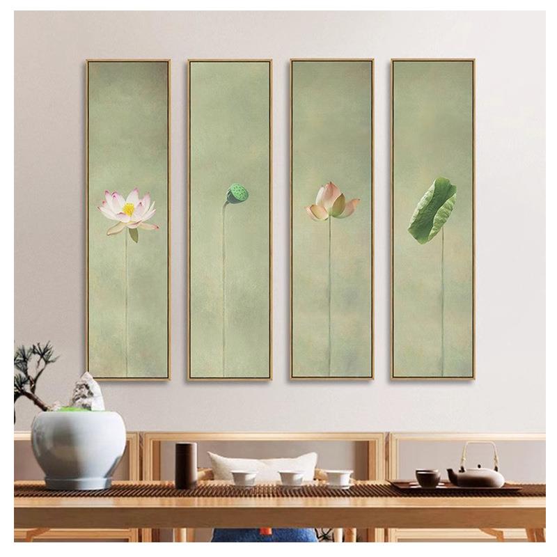 竖版四条屏荷花挂画新中式莲花装饰画背景墙客厅茶室中国风壁画