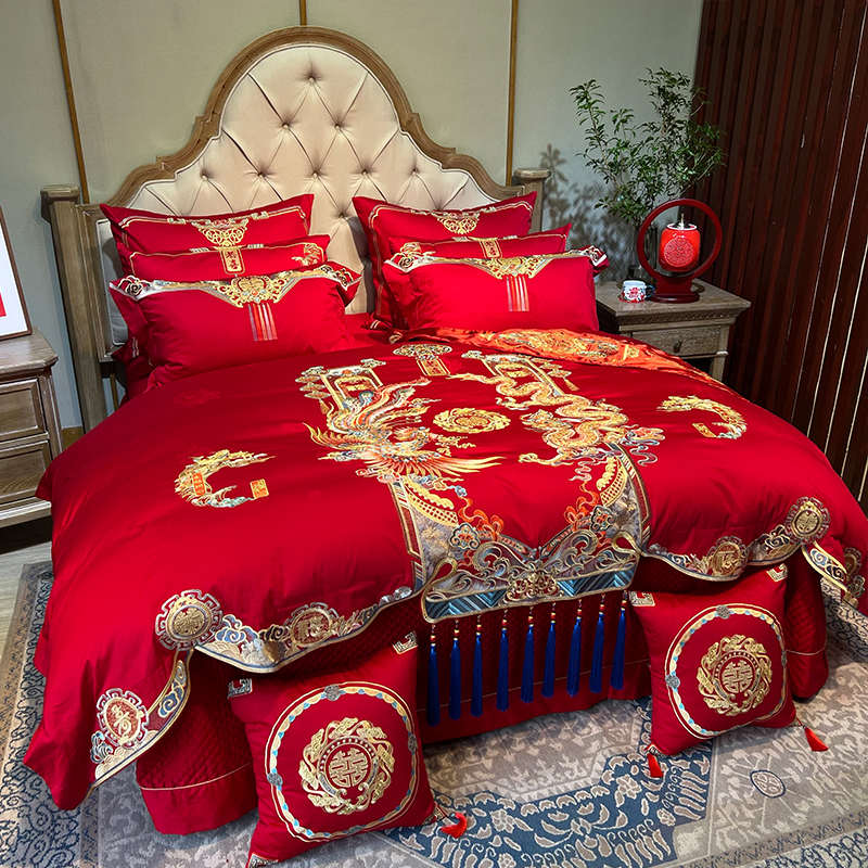 高端陪嫁婚庆四件套结婚全棉纯棉龙凤被套红色床单十件套床上用品