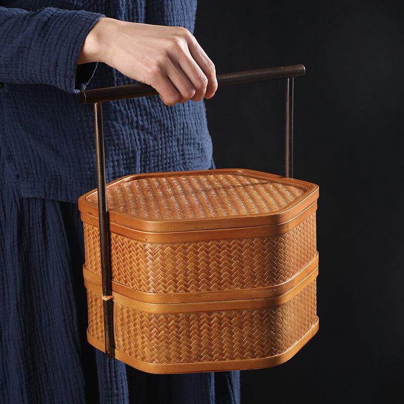 手工竹编提篮双层带盖食盒中式复古茶具收纳盒家用圆形糕点送餐篮