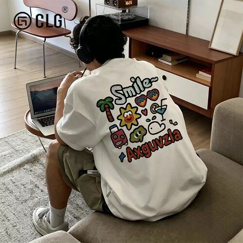香港CLG潮牌美式卡通圆领纯棉短袖T恤男生夏百搭宽松上衣潮流休闲