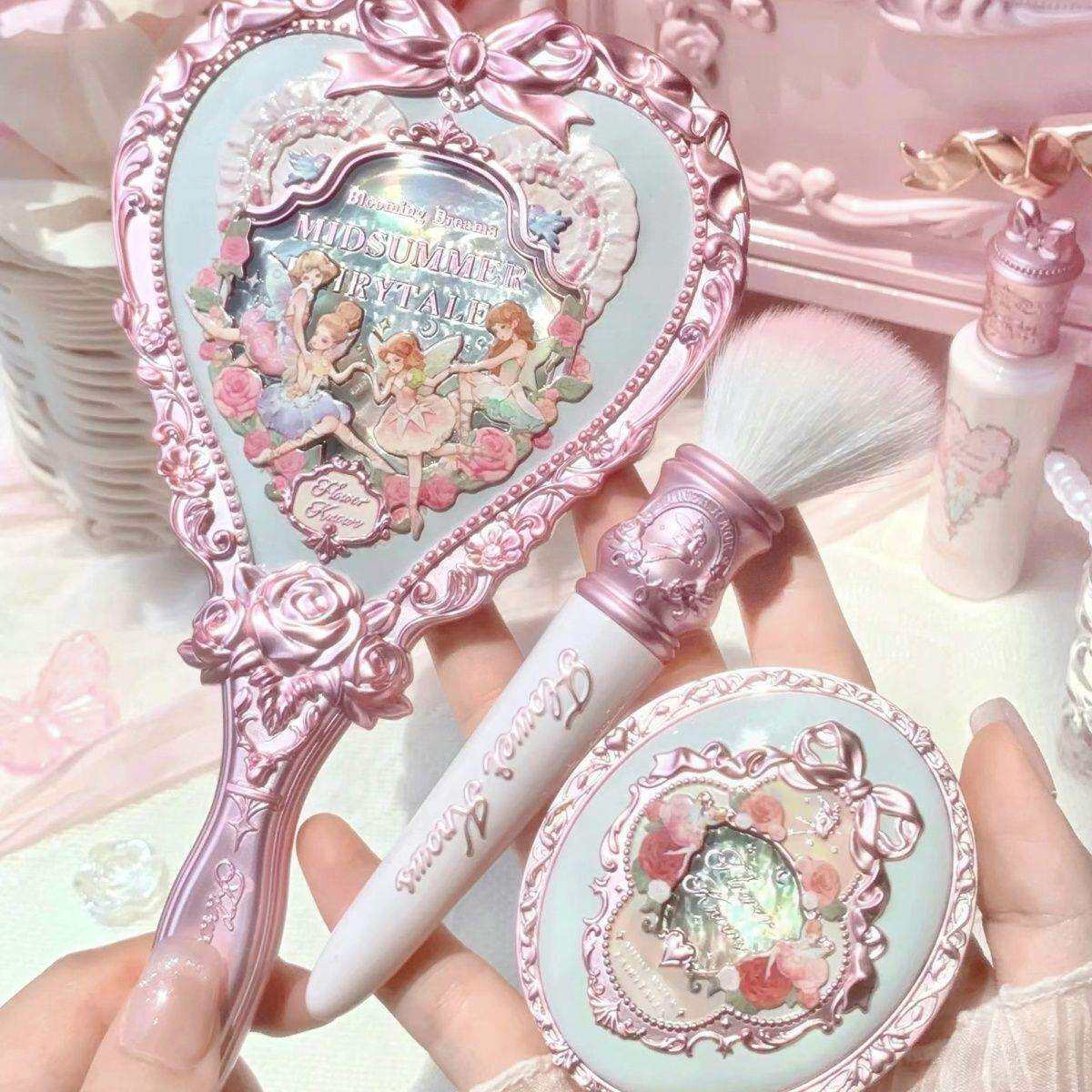 现货 花知晓镜子月光人鱼新品手持化妆镜星空蓝月光白水晶粉高档