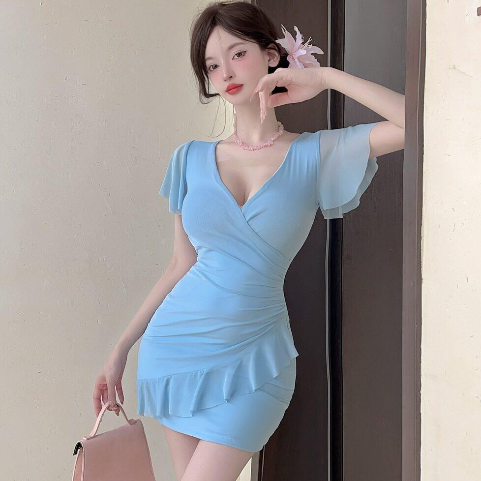 夜店会所技师沐足工作服深领网纱低胸荷叶边短袖包臀打底连衣裙