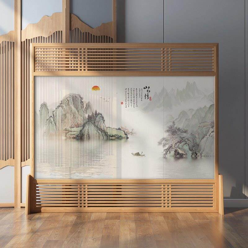 新中式屏风隔断客厅入口办公室茶室简约现代面料阻隔实木景观座椅
