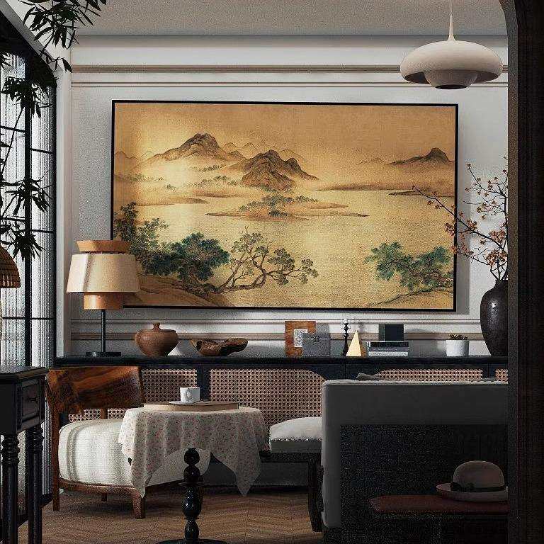 杏花双雉图法式中古客厅装饰画新中式横幅挂画南洋风餐厅高档壁画