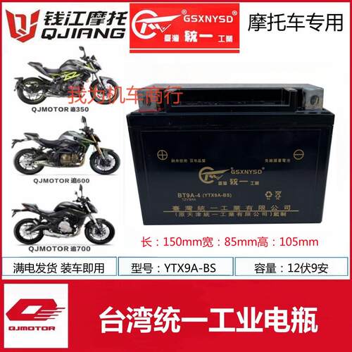 钱江追350追550追600追700街车摩托车统一电瓶12V9A免维护蓄电池