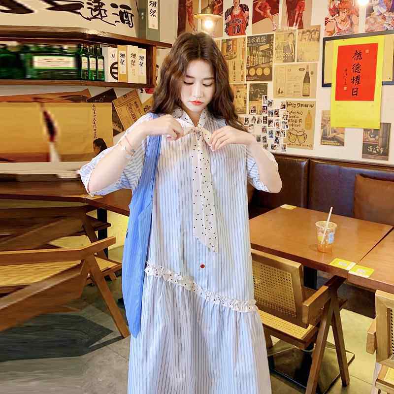 夏季韩风城市通勤洋装 小清新波点衬衫裙不对称A字连衣裙
