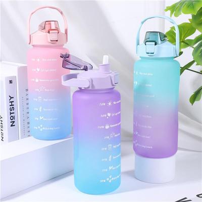 2000ml大容量运动水壶跨境提手水杯塑料水杯磨砂渐变色直饮吸管杯