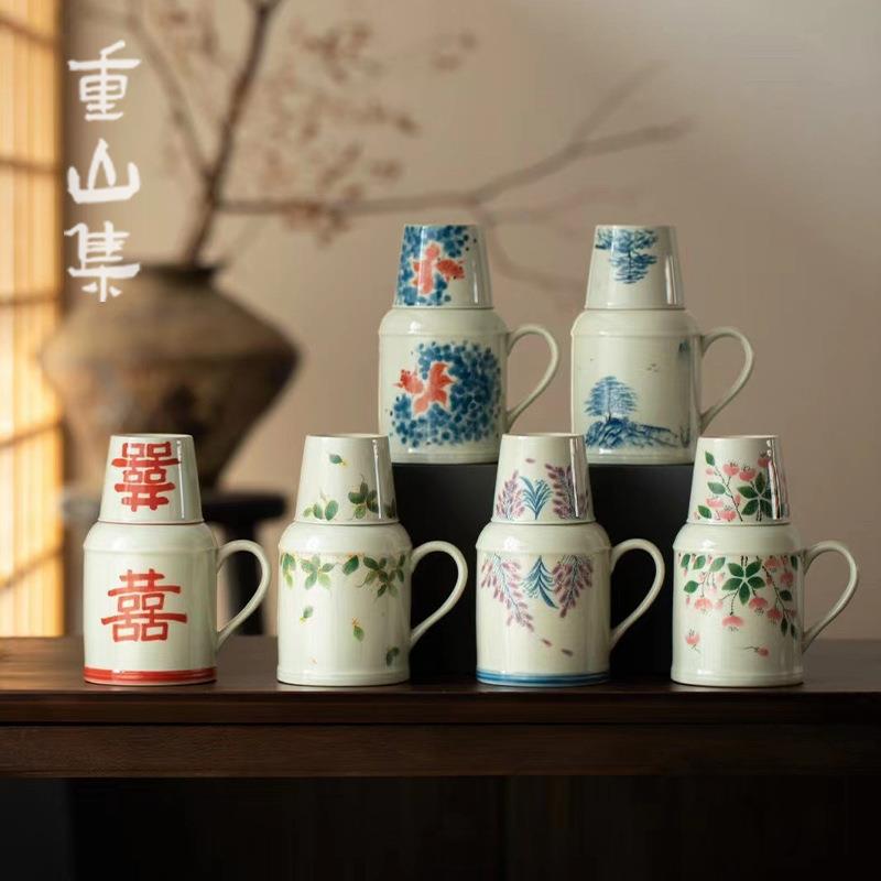 手绘紫藤花焖茶壶小暖壶马克杯带盖大容量中式保温瓶泡茶杯办公杯