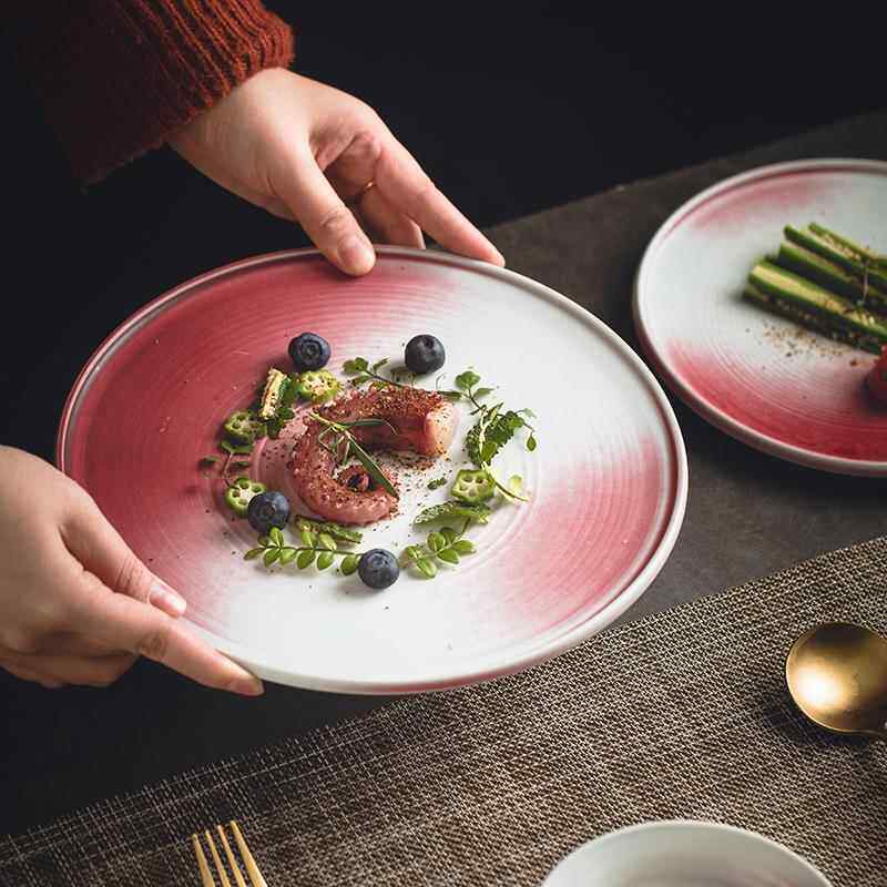 日式美人霁红西餐盘子牛排盘复古创意渐变冷菜摆盘餐具甜品盘意面