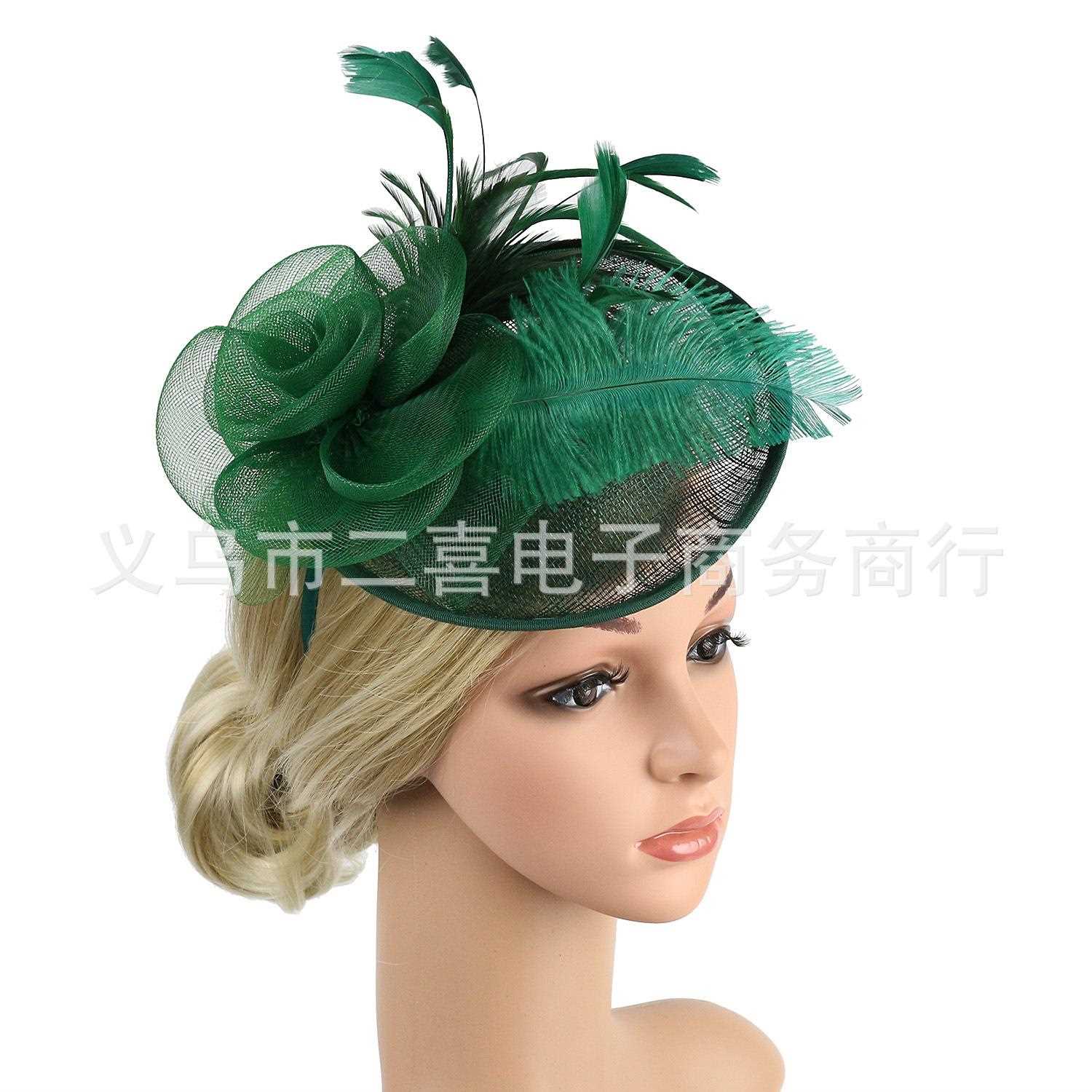 新款直销欧美麻纱羽毛礼帽新娘婚纱头饰派对舞会发夹发箍发饰亚马