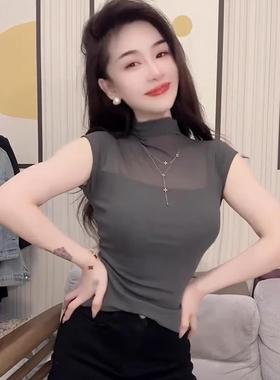 纯欲风网纱拼接短袖t恤夏季新款感半高领修身显瘦体恤上衣0115k