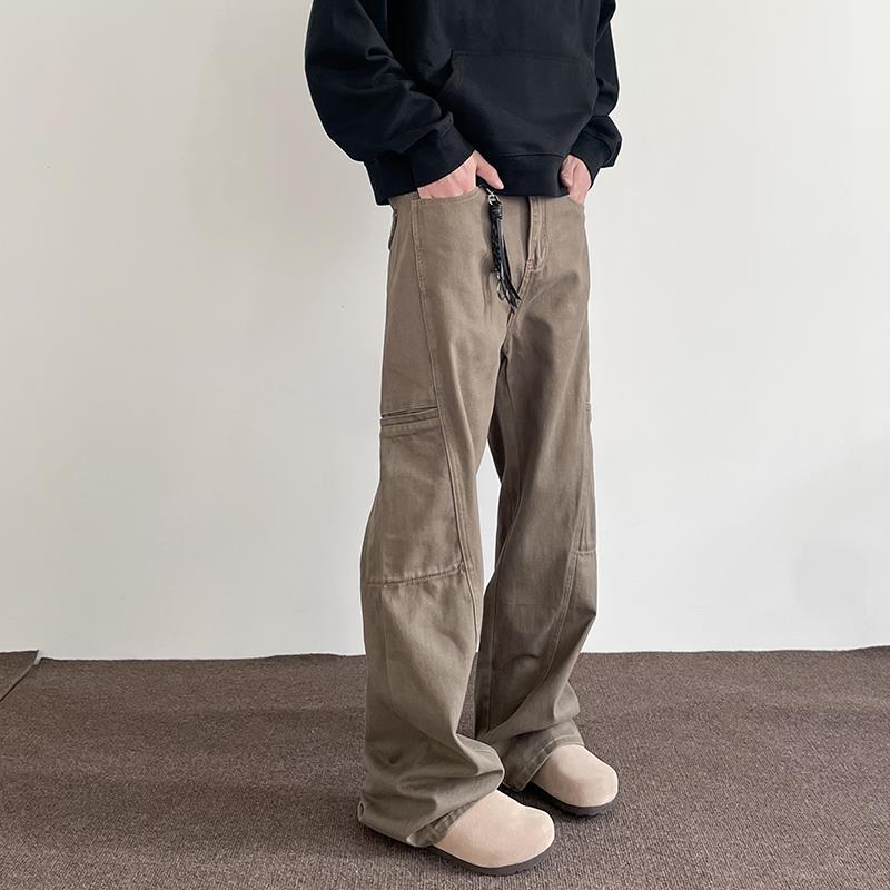 美式复古美拉德棕色多口袋工装牛仔裤男高街cleanfit直筒微喇叭裤