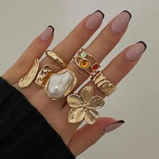 Fashion Gold Color Flower Crystal Imitation Pearl Open Ring
