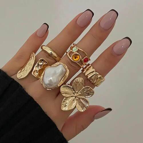 Fashion Gold Color Flower Crystal Imitation Pearl Open Ring