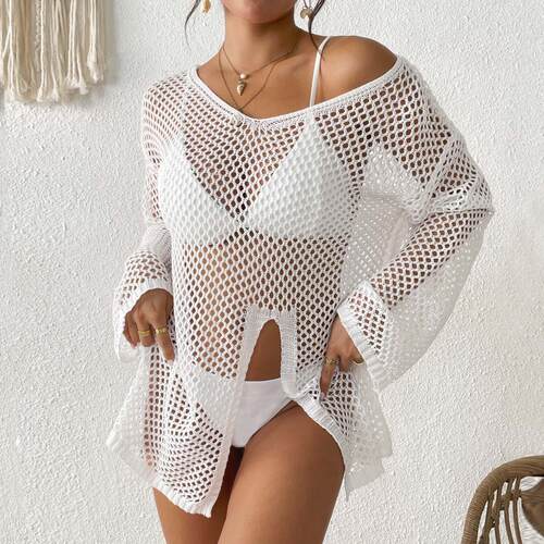 Sexy Side Split Fishnet Cover Up Dress Loose Long Sleeve