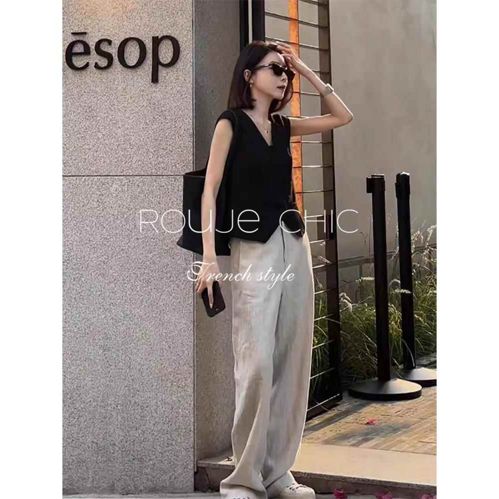 法国rouje chic法式黑色无袖西装马甲衬衫阔腿裤两件套套装女夏季