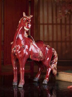 石湾窑砖红窑釉面红瓷马驿马平川生肖马摆件办公室陶瓷摆件