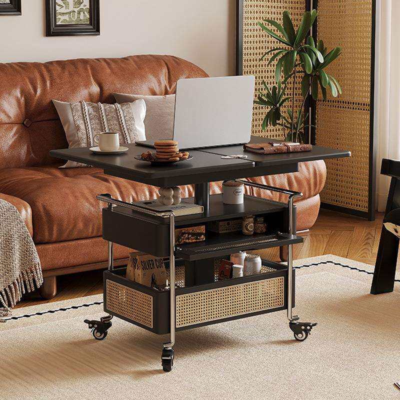 复古黑色可移动升降折叠多功能沙发边几小户型藤编实木小推车茶几
