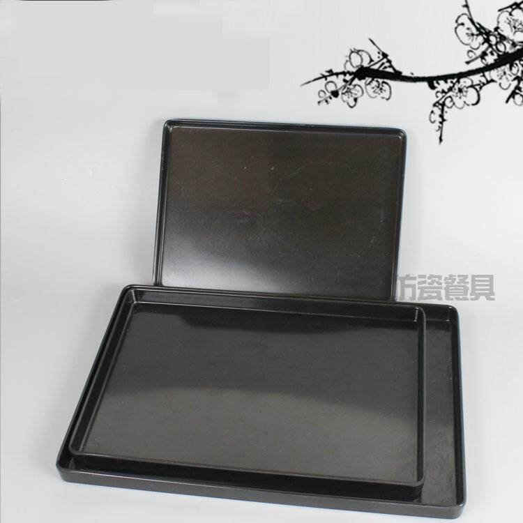 密胺仿瓷欧式托盘长方形光面斜边黑白托盘酒店客房高档宾馆托盘