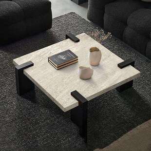 诧寂风天然洞石岩板茶几实木正方形客厅家用小户型高级感大理石桌