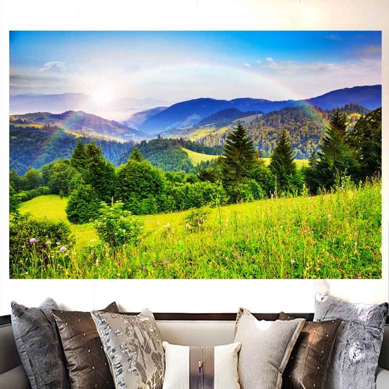 大自然田园风格高山树林彩虹风景壁画客厅餐厅背景墙装饰贴纸墙画图片