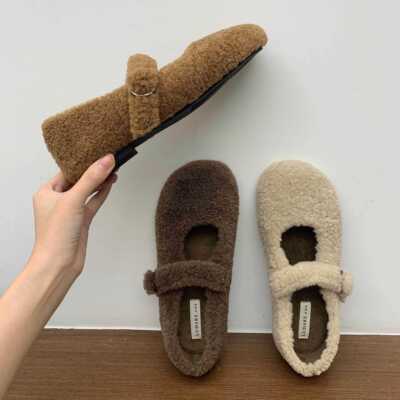 潮牌欧洲站2025秋冬新款加绒一字带玛丽珍鞋单鞋平底豆豆鞋毛毛鞋