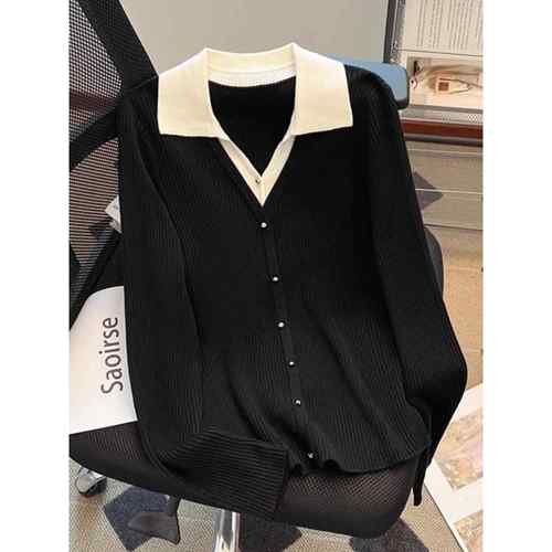 新款洋气秋冬宽松修身马球领女上衣假两件套拼接针1218h