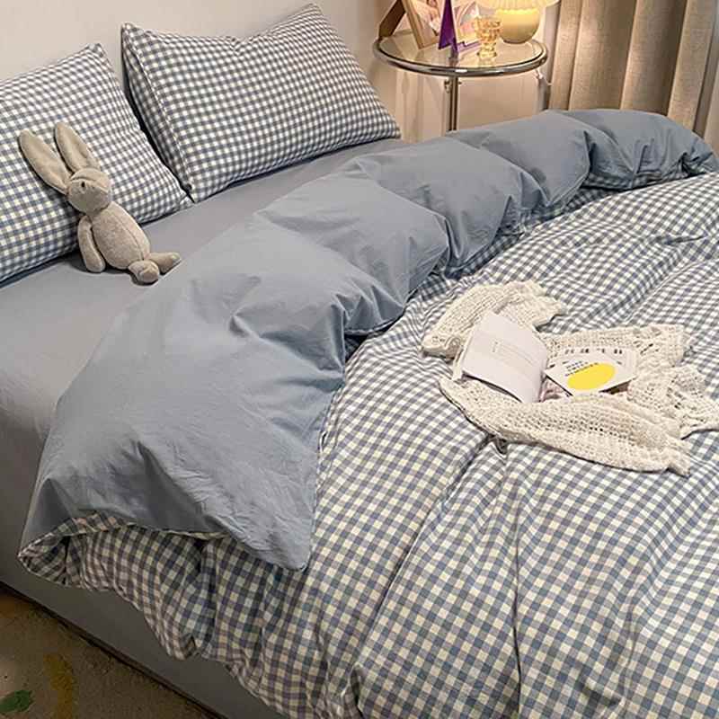 纯棉水洗棉床上四件套100全棉宿舍床单床品三件套床笠格子被套男4