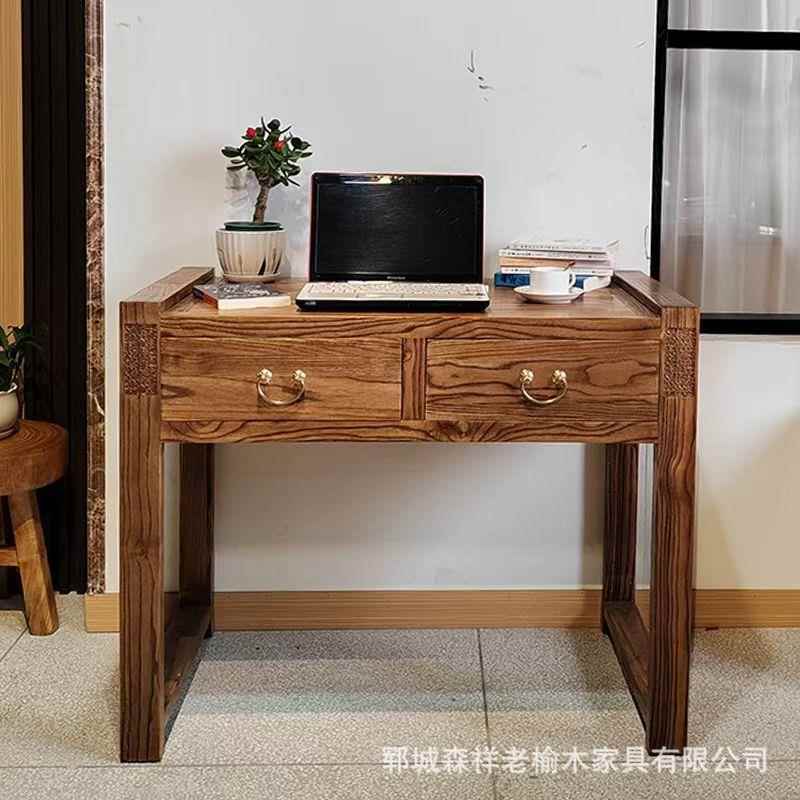 老榆木正方形书桌家用书房学习桌复古玄关抽屉桌榆木家具收纳桌子