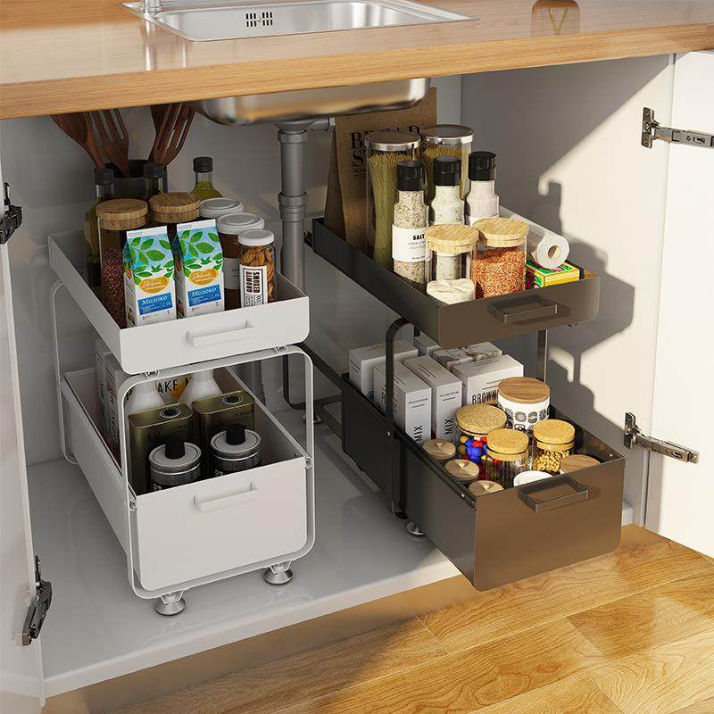 厨房下水槽置物架落地橱柜内杂物架储物架抽拉式双层收纳架