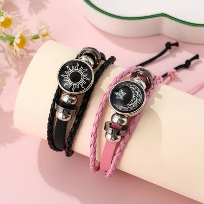 Couples’ Sun & Moon Layered Bracelet Punk-Inspired Beaded