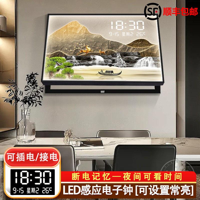 新中式电表箱装饰画带钟2025新款LED灯饭厅配电开关电闸遮挡挂画
