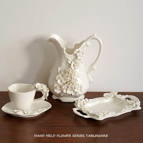 花园瓷器 出口欧式手捏花高档精致陶瓷水升花瓶 插花花器冷水壶