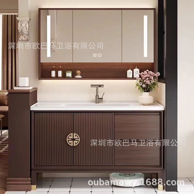 新中式中古风一体陶瓷盆岩板无缝陶瓷盆浴室柜洗脸洗手盆卫浴柜子