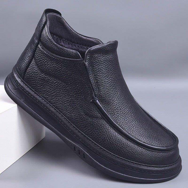 软底防滑爸爸鞋宽脚中帮新款冬季高帮皮鞋男真皮男靴保暖加绒棉鞋