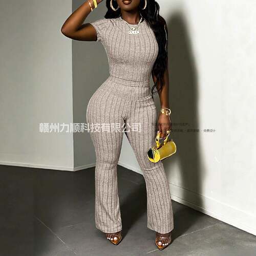 Women's Solid Ribbed Tee & Skinny Pants Two-piece Set
