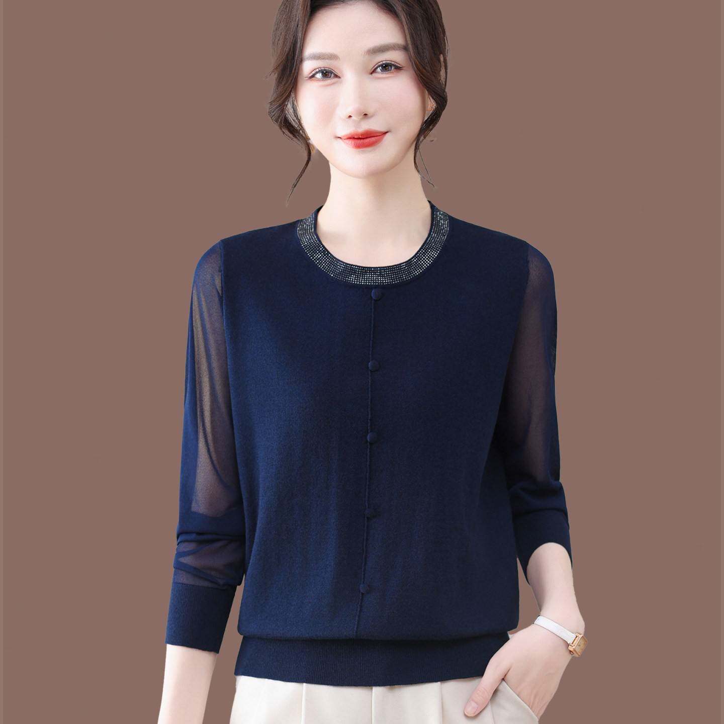 春装桑蚕丝长袖T恤女春秋季宽松洋气减龄遮肚冰丝针织衫纱袖上衣