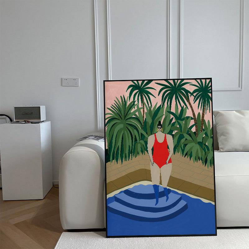 地中海风手绘人物装饰画夏季泳池西瓜草地森林挂画客厅卧室餐厅