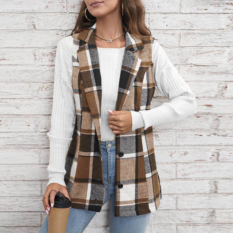 Women's Plaid Print Button Front Lapel Neck Fitted Waistcoat - 实物图