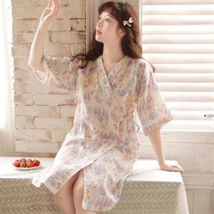 日系可爱睡袍女夏季云朵棉短袖甜美浴袍中长版少女薄款家居服睡裙