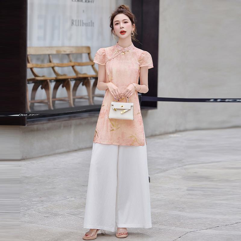 时尚轻ZMAN8250国套装夏新款新中女式气质花盘扣上衣阔风腿裤两印