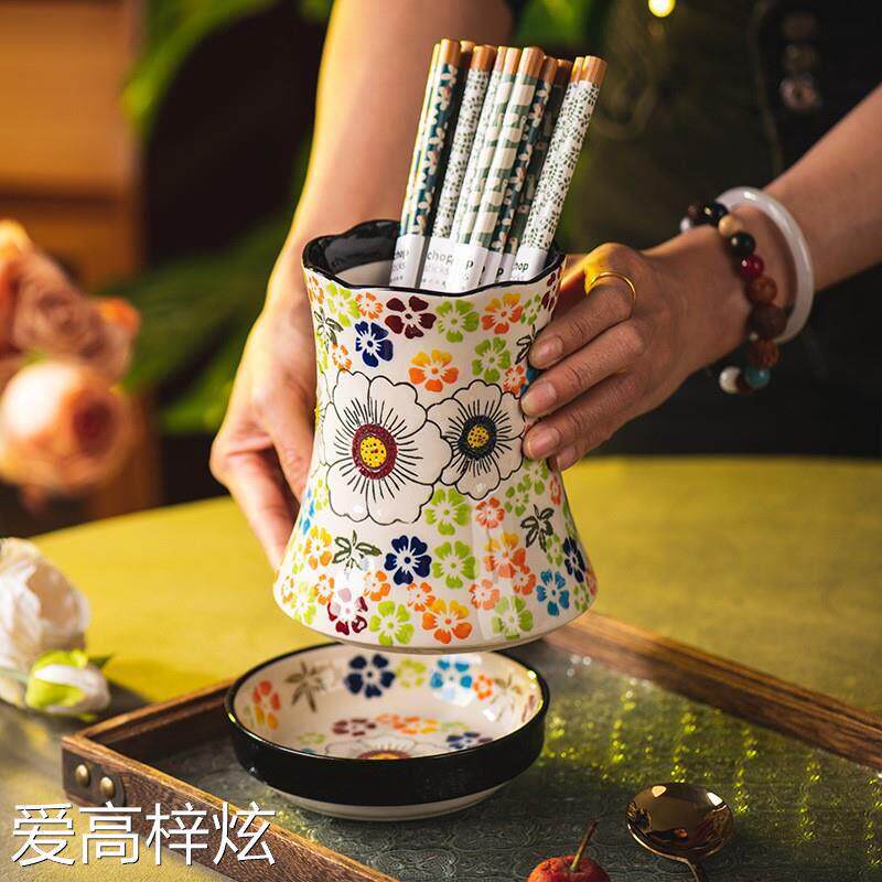 手绘筷子筒家用陶瓷沥水筷筒圆筒筷子盒厨房筷桶刀叉收纳盒筷子篓