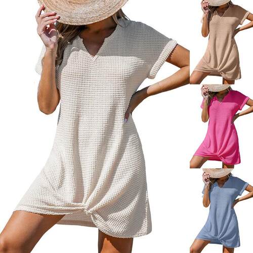 Women ' s Plain Crochet Knit Curved Hem Tee Dress , Casual