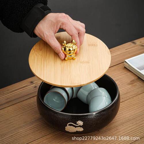 家用大黑天目茶釉高水档荷花536453建盏渣缸陶瓷建水盂茶洗大号特