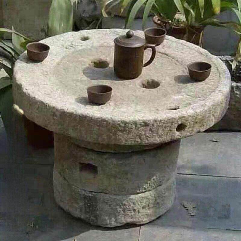 老石磨茶几石磨盘茶桌茶台旧石器老物件实木架覆古茶桌椅组合庭院