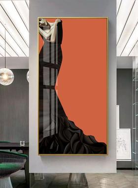 现简约玄关过道装饰代抽象画走尽廊头画轻奢挂画橙色客IKE厅竖版