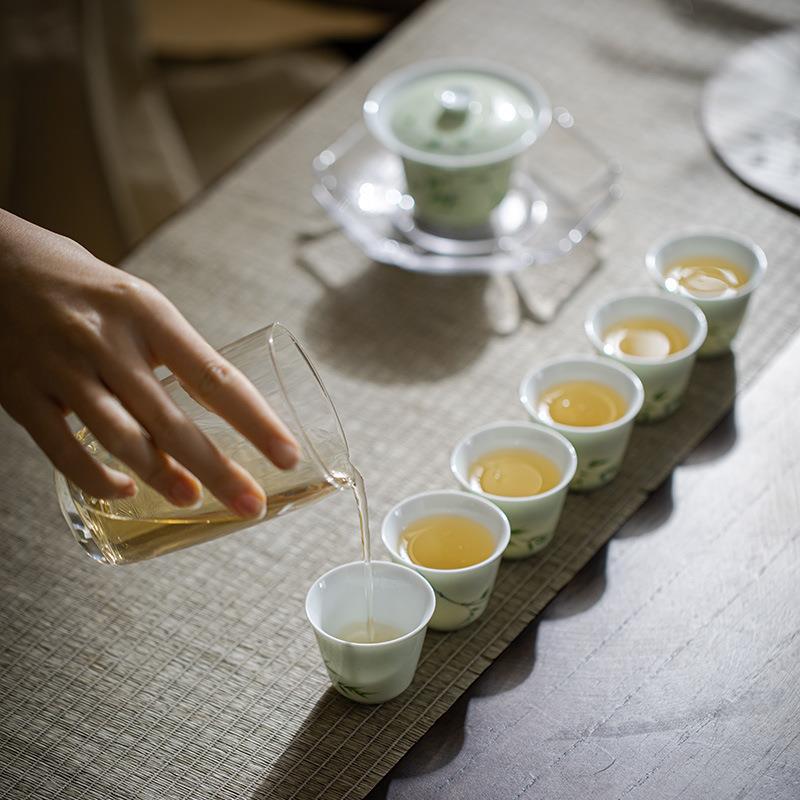 墨己 福临整套手绘茶具 文人家用茶具套装竹子釉下彩 含壶承茶具